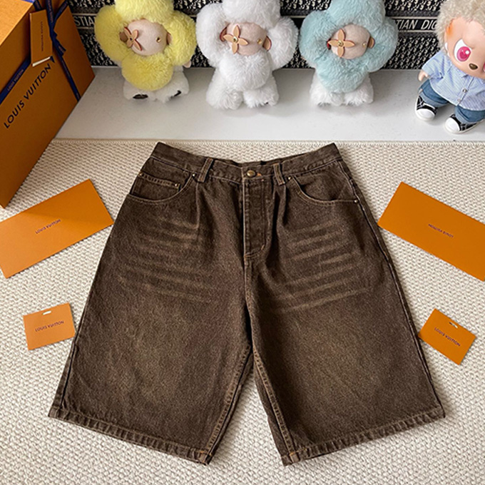lv louis vuitton pleated silhouette denim shorts